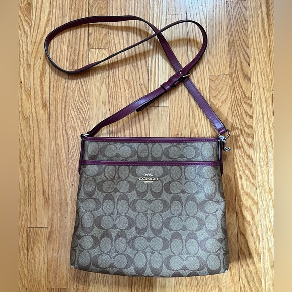 Coach Handbags - COACH Signature Ladies Crossbody Monogram Canvas Bag Purple  Leather Trim